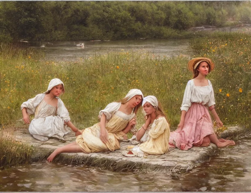 Image similar to peasant girls on a shore of river ivana kupala, midsommar, cottage core, cinematic focus, polaroid photo bleached vintage pastel colors high - key lighting, soft lights, foggy, by steve hanks, by lisa yuskavage, by serov valentin, by tarkovsky, 8 k render, detailed, oil on canvas