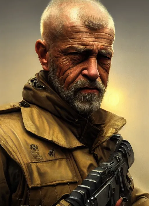 Prompt: portrait of the retired mercenary, detailed realism face in painting, detailed beautiful portrait, oil painting masterpiece, 8 k resolution, smooth, sharp focus, trending on artstation, by rembrandt