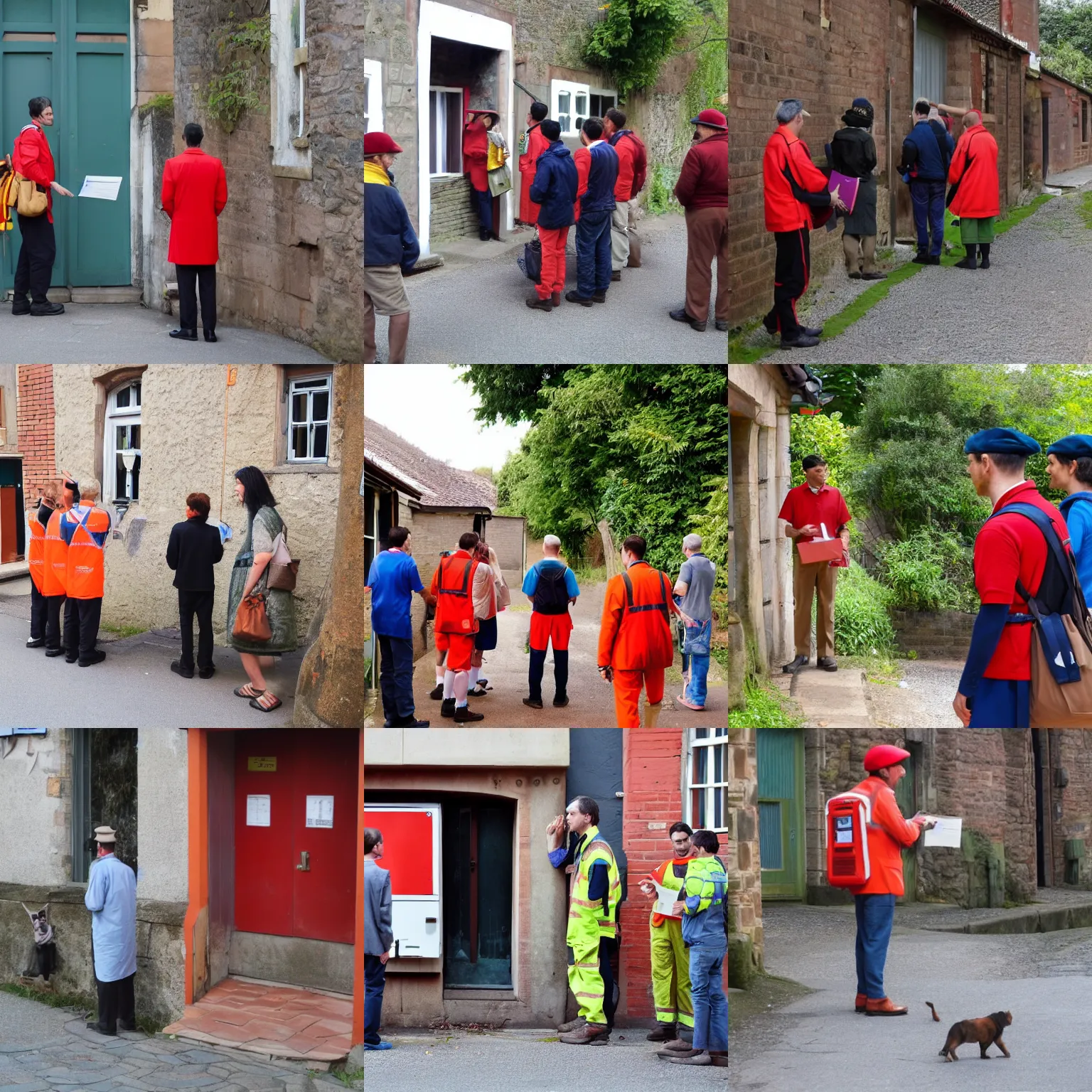 Prompt: look, a postman is coming and greeting us, everyone is looking at him and wondering what he has brought