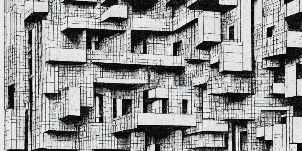 Image similar to brutalist building facing. yugoslavia, le corbusier, central symmetry, highly detailed, golden ratio, black and white color scheme, etching render