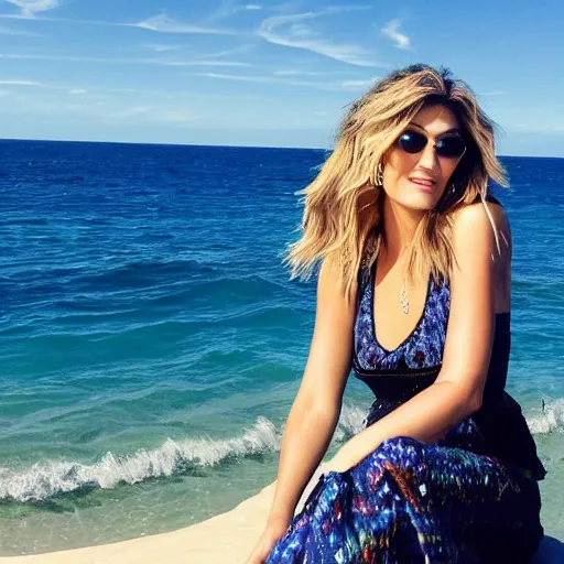 Prompt: delta goodrem staring at the ocean