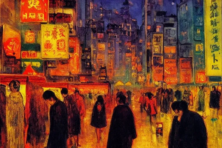 Image similar to dream festival, revelers playing games and shopping at a night market, low angle view from a city street lined with shops and apartments, glowing street signs, city like hong kong, tokyo, barcelona, oil painting by edvard munch, beksinski