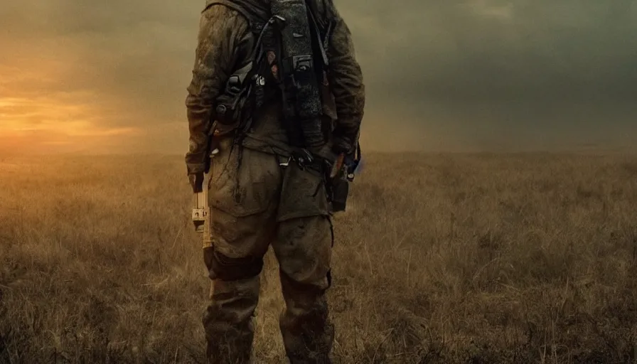 Image similar to movie screenshot. lone survivor man holding walkie - talkie in post - apocalyptic nature landscape, movie poster, shallow depth of field, cinematic. cinematic composition