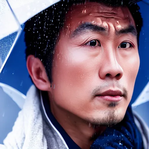 Image similar to a close up photographic portrait of a handsome asian actor looking worried taken by annie leibowitz in the rain. cinematic lighting, blue background colour, 5 0 mm, subsurface scatter.