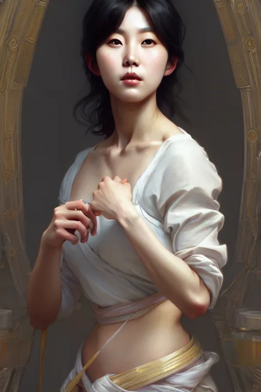 Image similar to beautiful digital painting of lee jin - eun gray background with high detail, 8 k, stunning detail, photo by artgerm, greg rutkowski and alphonse mucha, unreal engine 5, 4 k uhd