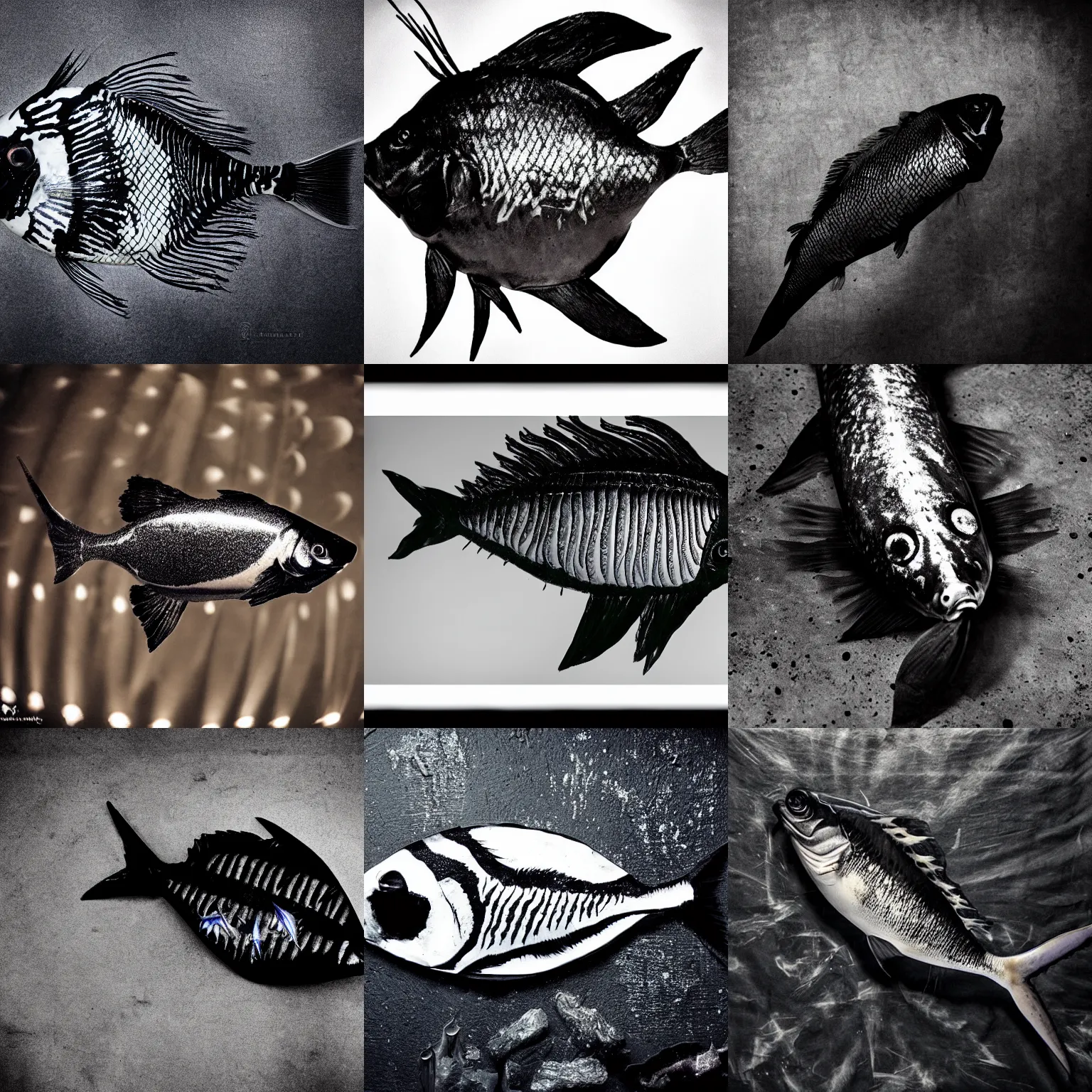 Prompt: black metal fish with corpse paint, studio photography