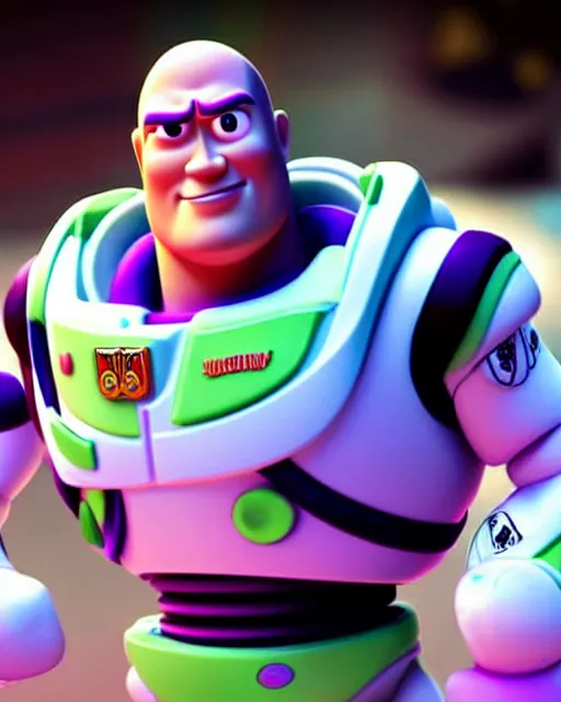 Image similar to Film still close-up shot of Dwayne Johnson as Buzz Lightyear in the movie Toy Story 3. Photographic, photography