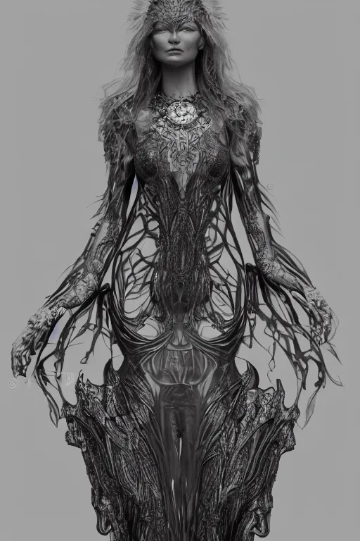 Image similar to a realistic dark photo of a beautiful ancient alien woman goddess kate moss shiva standing in iris van herpen dress jewelery and fractals in style of alphonse mucha art nuvo dmt trending on artstation made in unreal engine 4