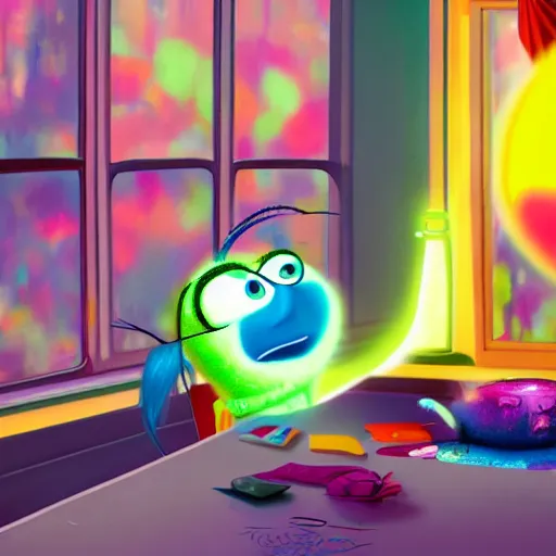 Prompt: A scene from Inside Out where Joy and Sadness are falling through the memory dump, colorful, dynamic, Pixar, illustrative, details, sharp focus, by Del Alberte and Mark Walsh