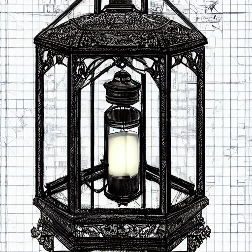 Image similar to very technical and detailed blueprint of a lantern, Center Frame, intricate details, ultra-detailed, baroque style, illustration, desaturated, concept art