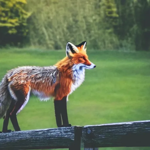 Prompt: one lone fox ontop a wooden fence