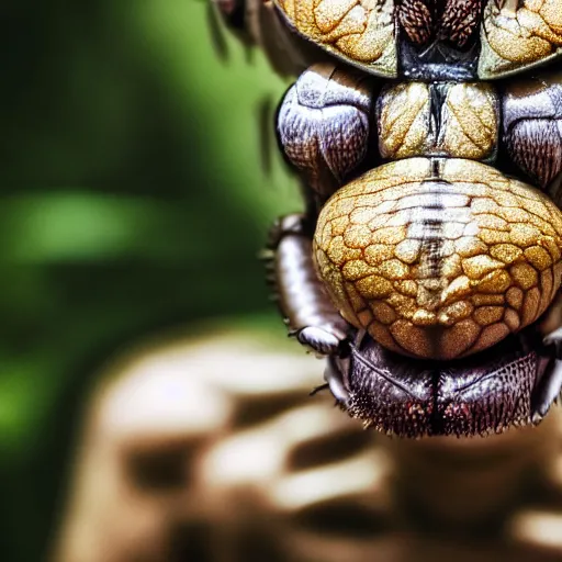 Image similar to closeup photo of human mutation into an anthropomorphic insect, in the forest. physiological transformation ; hybrid creature. highly - detailed ; photorealistic.