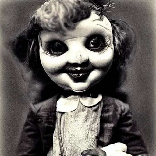 Image similar to ventriloquist doll smiling, ventriloquist dummy, photo, surrealistic, creepy, dark, epic, cinematic, style of atget, detailed