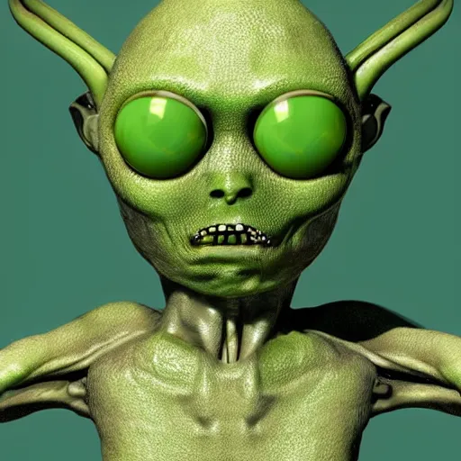 Prompt: an alien with big eyes and a green body, a computer rendering by David Firth, cgsociety, neo-figurative, polycount, zbrush, rendered in maya
