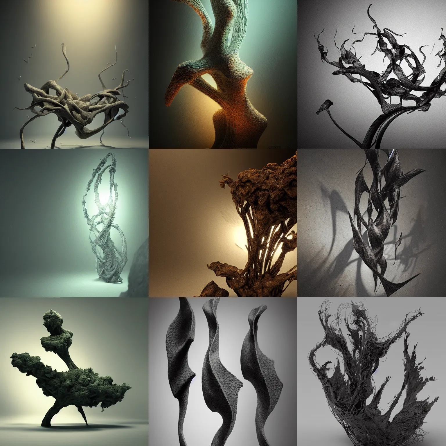 Prompt: rhizomuse, artists impression, cgsociety, abstract organic sculpture, cinematic intense lighting, deep shadows