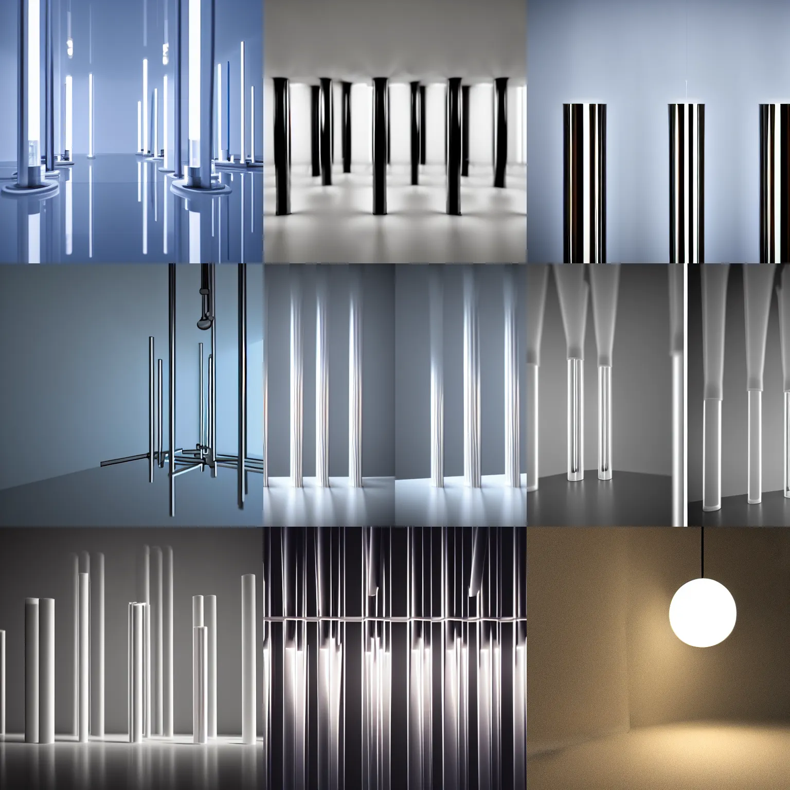 Prompt: fractal tubes, minimalism, apartment interior, split lighting dream, bell tubes, cinematic lighting vray 4k shallow depth of field