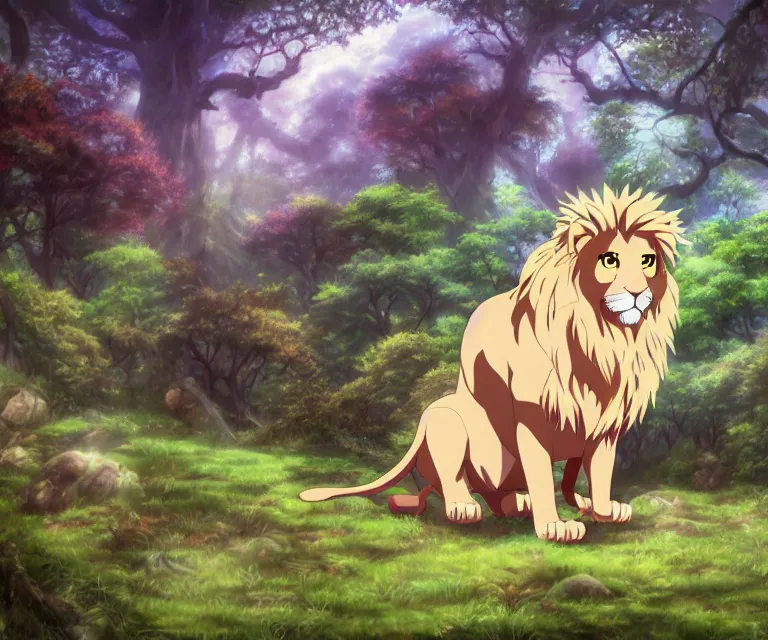 Image similar to kawaii lion in a forest, anime fantasy illustration by tomoyuki yamasaki, kyoto studio, madhouse, ufotable, comixwave films, trending on artstation