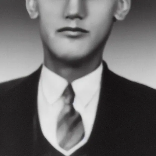 Prompt: A photograph portrait of Jerma985 wearing a suit with short slicked hair in the early 1930s, taken in the early 1930s, grainy, taken on a early 1930s Kodak Camera, realistic, hyperrealistic, very realistic, highly detailed, very detailed, extremely detailed, detailed, digital art, trending on artstation