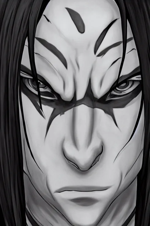 Image similar to orochimaru naruto character portrait, realistic, 4 k, photo realism, black and white, perfect face