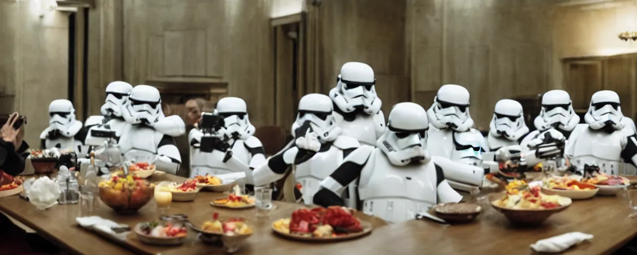 Prompt: Storm troopers out for dinner, the last supper, cinematic still frame, 80s, cinematography, anamorphic lens, kodak color film stock