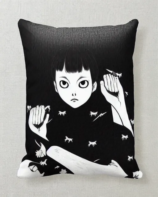 Image similar to three panels from junji ito's 'huge black cat sitting on pillow'