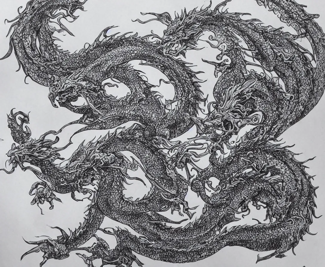 Prompt: an intricately detailed dragon, made from tiny swirls of ink