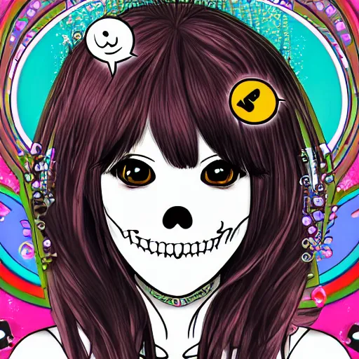 Image similar to portrait of a anime angel happy smiley girl skull face with emoji’s and bubbles detailed highres 4k by Trevor Brown pop art nouveau