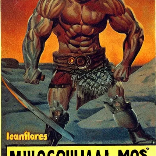 Prompt: muscular barbarian holding sword in right hand on mars science fiction pulp