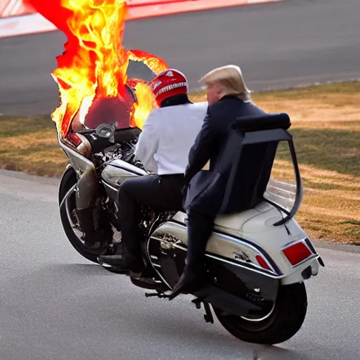 Image similar to Donald Trump on a motorcycle with fire coming out of the exhaust, cinematic lighting