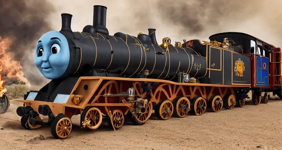 Image similar to steampunk Thomas the Tank Engine with fire in MAD MAX: FURY ROAD