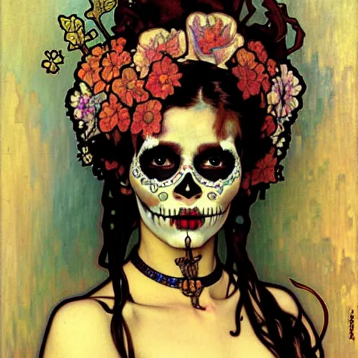 Image similar to realistic detailed painting of a cute punk Día de los Muertos girl by Alphonse Mucha Egon Schiele Ayami Kojima Amano Charlie Bowater, masterpiece