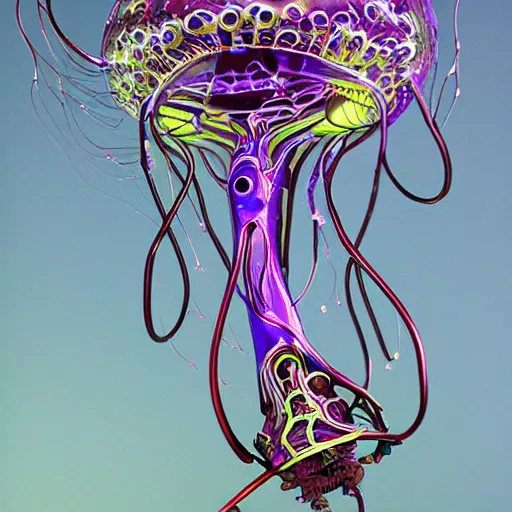 Prompt: psychedelic biomechanical robot jellyfish