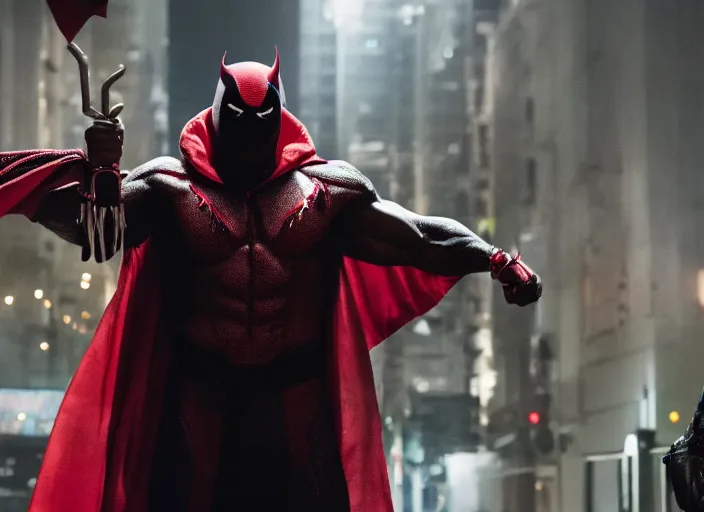 Image similar to film still of michael b jordan as spawn in the new spawn movie, giant chains, large cape, 8 k