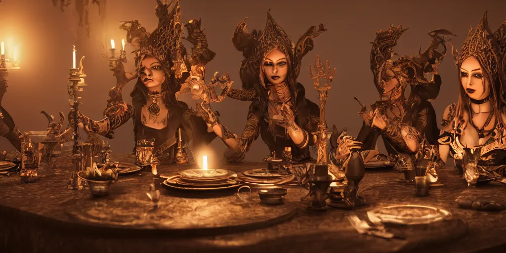 Image similar to dark witches sitting at a table doing a ritual. Ornate details, award winning. Octane render, 4k, 8k, unreal 5, very detailed, hyper control-realism, trending on artstation.”