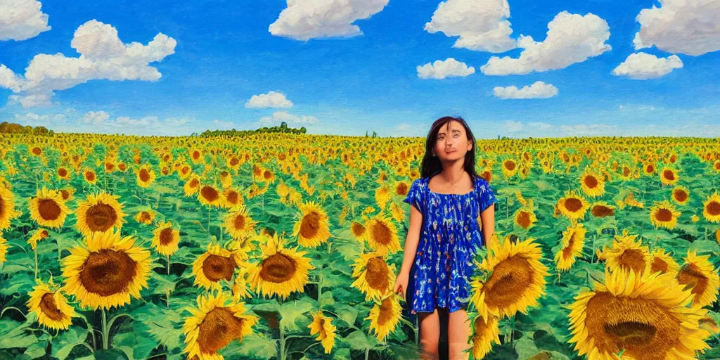 Prompt: painting of a girl standing in a field of sunflowers with blue sky above