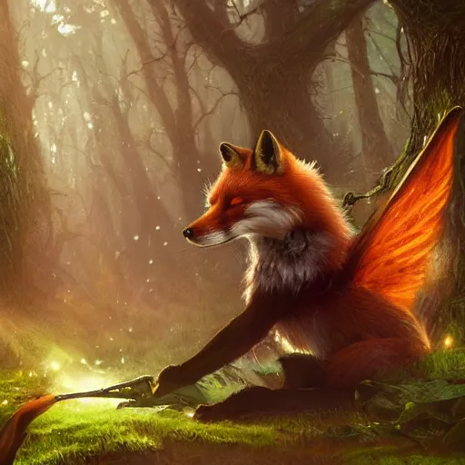 Image similar to Fox, Anthropomorphized, playing Harp in magical forest, Fearie wings, magic the gathering artwork, D&D, fantasy, cinematic lighting, centered, symmetrical, highly detailed, digital painting, artstation, concept art, smooth, sharp focus, illustration, volumetric lighting, epic Composition, 8k, art by Akihiko Yoshida and Greg Rutkowski and Craig Mullins, heroic pose, oil painting, cgsociety