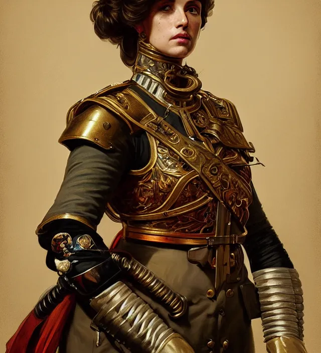 Image similar to portrait of a napolitano woman wearing a traditional nineteenth century kingdom of naples military jacket, metal shoulder pauldrons, intricate, highly detailed, digital painting, artstation, concept art, sharp focus, cinematic lighting, illustration, art by artgerm and greg rutkowski, alphonse mucha, cgsociety