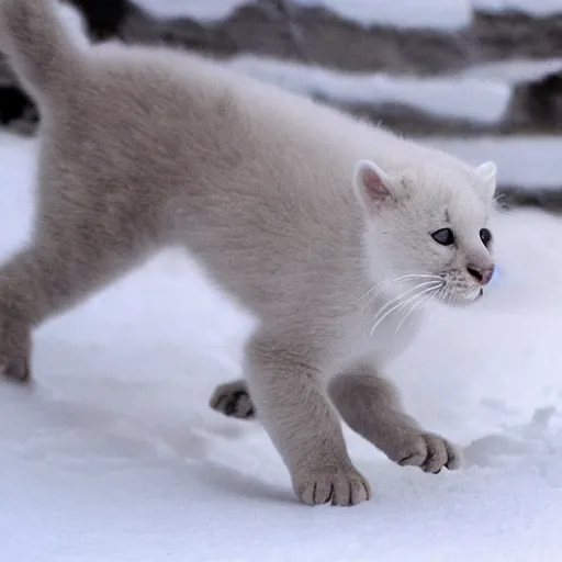 Image similar to a baby white panther playing in the snow, cutest award winning picture