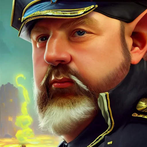 Image similar to a shifty fat high fantasy elf mall cop with a sheriff's badge, Oil Painting, hyperrealistic, octane render, Detailed Digital Art, RPG portrait, 3/4 bust, William-Adolphe Bouguereau, Michael Cheval, dynamic lighting, Highly Detailed, Cinematic Lighting, 8k, HD