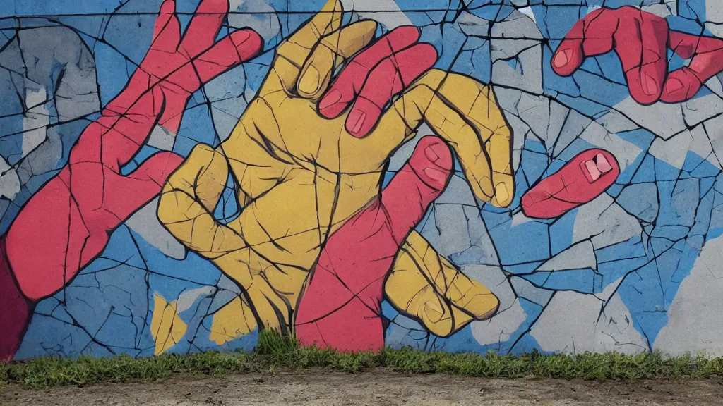 Prompt: mural of a hand breaking through a wall