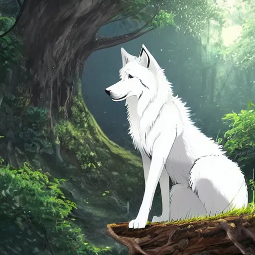 Image similar to highly detailed digital art of a magestic white wolf standing on an overgrown fallen tree trunk, lush surroundings, sunshine, kimi no na wa, trending on artstation, tranquil