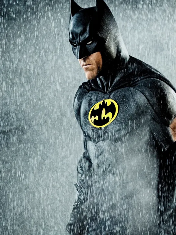 Image similar to film still, ryan reynolds as batman, mask down, hyperrealism, moody lighting, rain, intricate, 8 k