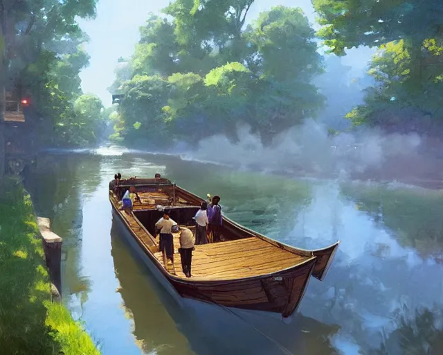 Image similar to one single wooden steam boat in a very narrow river, trees, shady, ripples, reflections. 3 boys and girls are standing in the boat. By Makoto Shinkai, Stanley Artgerm Lau, WLOP, Rossdraws, James Jean, Andrei Riabovitchev, Marc Simonetti, krenz cushart, Sakimichan, trending on ArtStation, digital art.