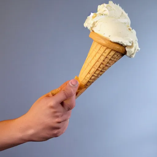 Image similar to a human hand sculpted from ice cream with a cone for an arm