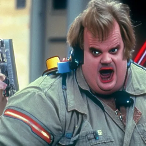 Prompt: Chris Farley as a Ghostbuster in a still from the movie Ghostbusters 8k hdr