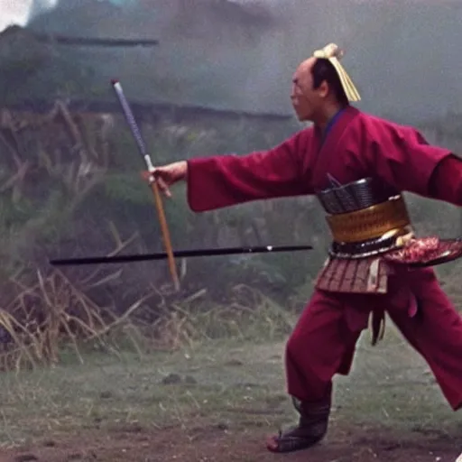 Image similar to a samurai fighting with delicious hot dogs as weapons, scene from Kagemusha, 1980, movie still, cinematic, epic,