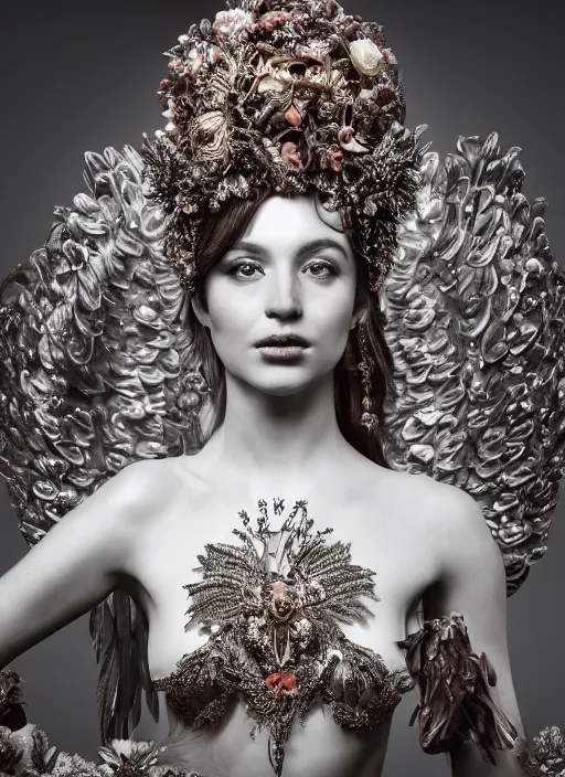 Image similar to full body environmental portrait photo of a goddess as angel, ornate headpiece made from flowers, ornaments, glamour shot by gemmy woud - binnendijk, lindsay adler, stefan gesell, photorealistic, canon r 3, fashion photography, ornate, elegant, luxury and elite, symmetrical features, octane render, unreal engine, solid dark grey background, dramatic lights