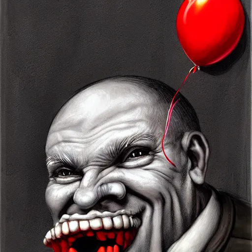 Image similar to surrealism grunge cartoon portrait sketch of a king with a wide smile and a red balloon by - michael karcz, loony toons style, horror theme, detailed, elegant, intricate