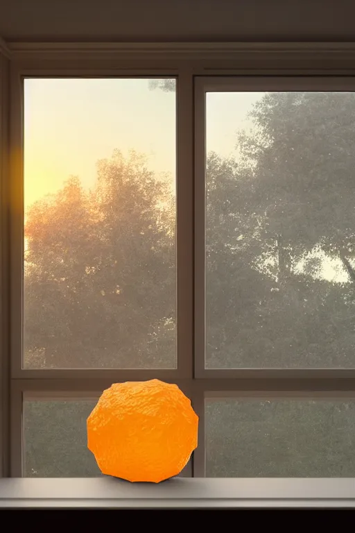 Image similar to a giant cubic orange and yellow crystal on a white table near a window at sunset, hyperrealistic, highly detailed, high qualit, 8K, godrays, warm lighting, path traced, high coherence, calm, macro photo, symmetrical, photorealistic, low contrast, serene landscape, beautiful, geometric, octane render