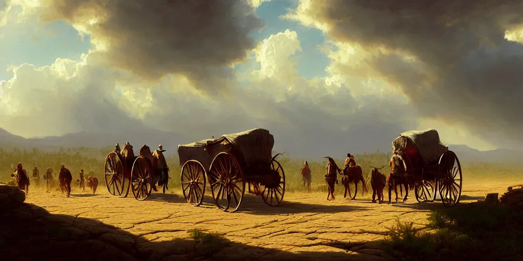 Image similar to a pack of settlers with covered wagons are crossing american plains with a small riverbed, mountaineous background, cloudy day, highly detailed, digital art, by greg rutkowski, by albert bierstadt